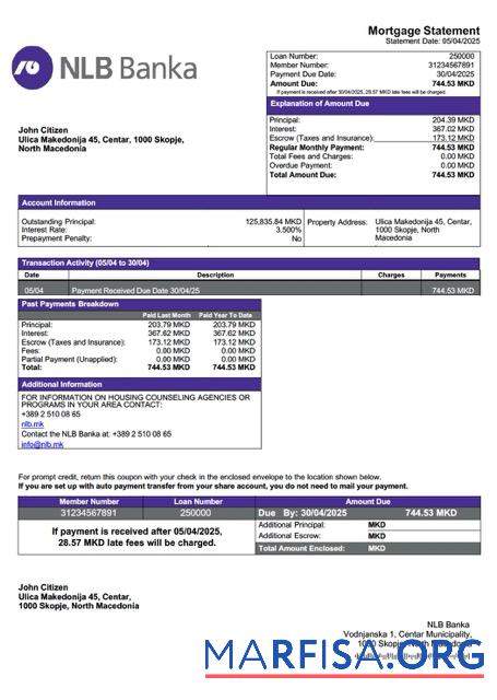Downloadable North Macedonia NLB Banka mortgage statement Word and PDF template